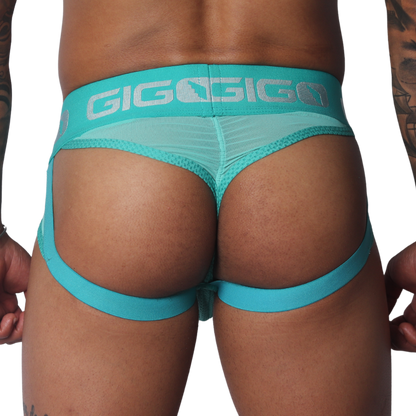 Evocative Aqua Jock Thong vista posterior de Gigo Underwear