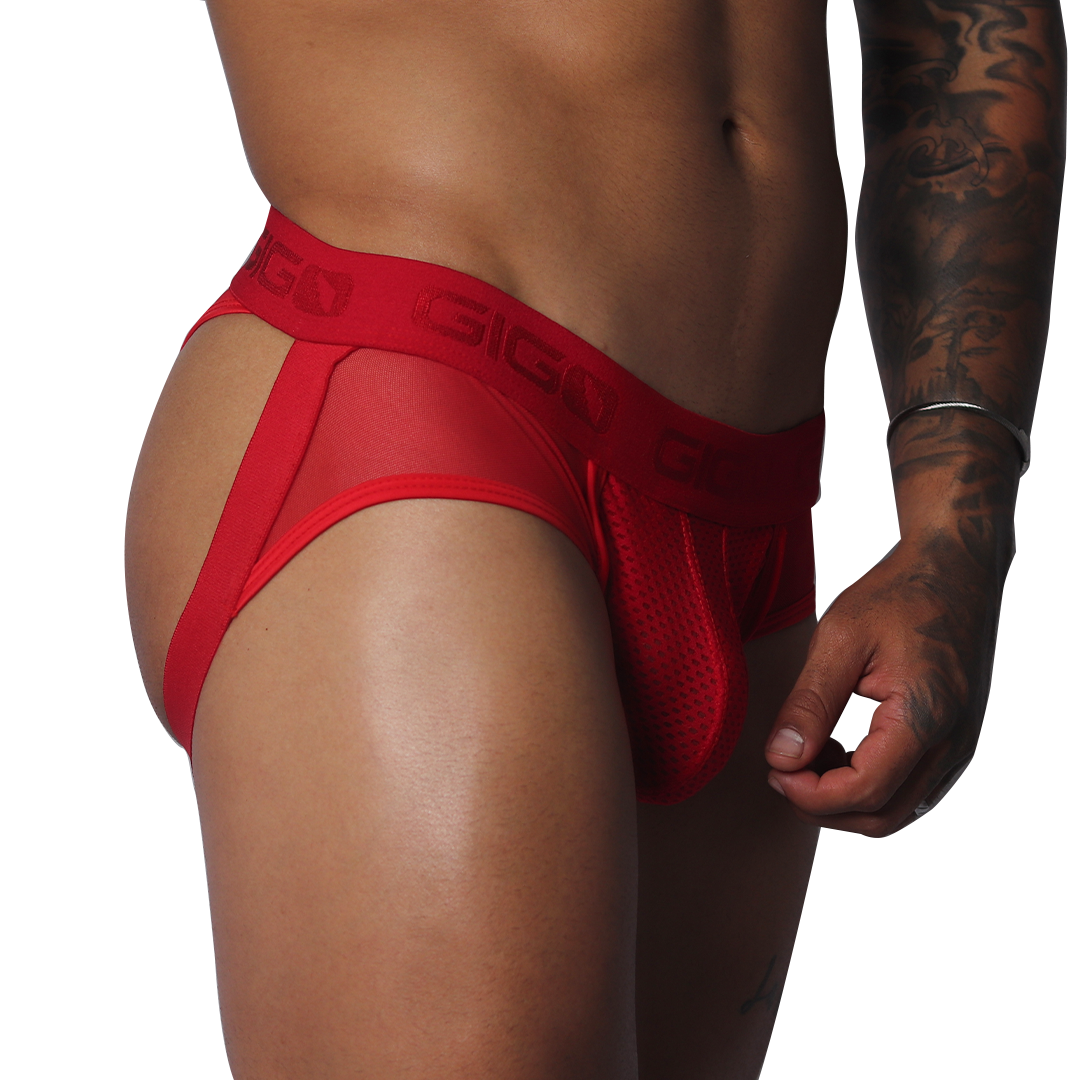 Evocative Red Jock Thong vista frontal de Gigo Underwear