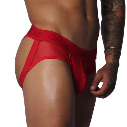Evocative Red Jock Thong vista frontal de Gigo Underwear