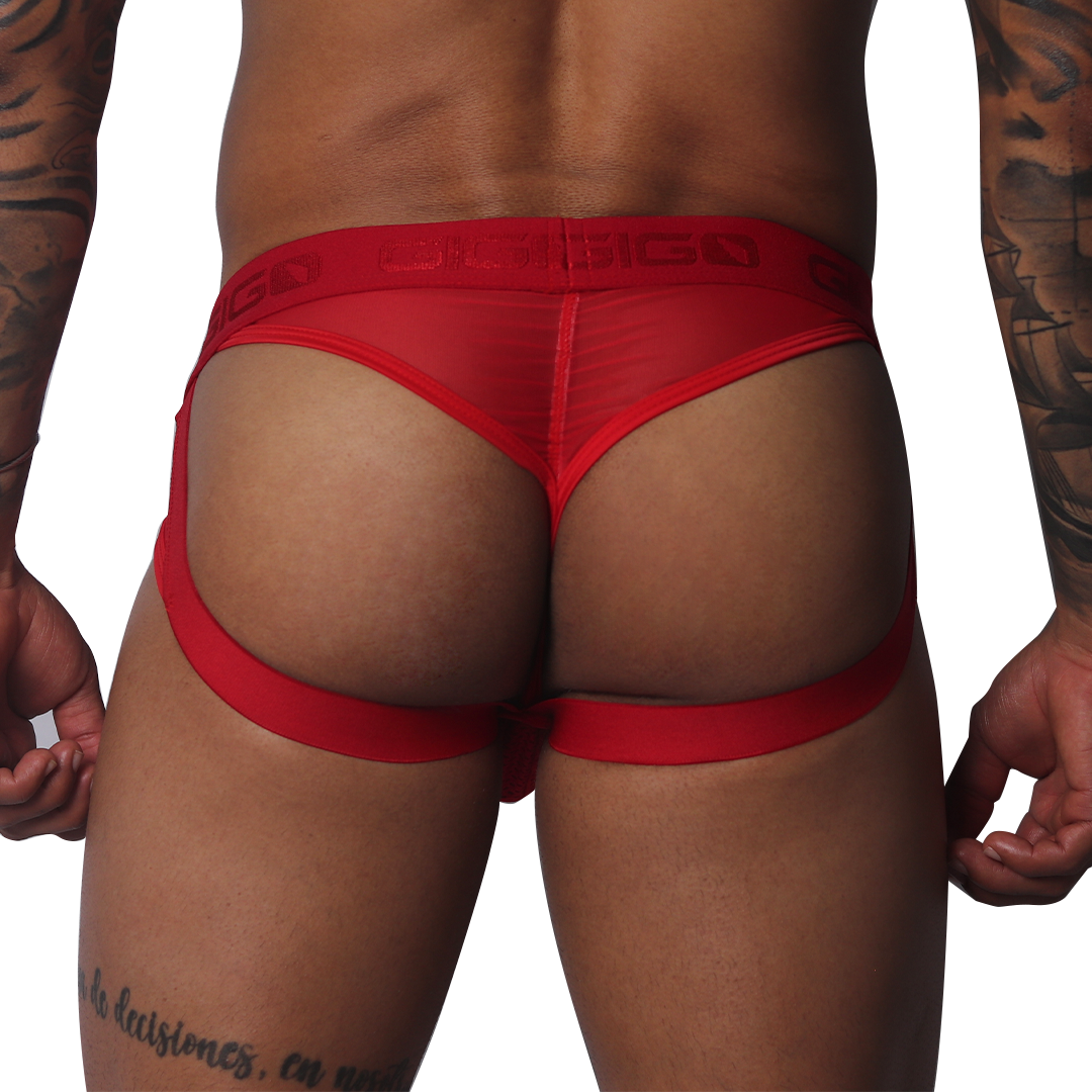 Evocative Red Jock Thong vista posterior de Gigo Underwear
