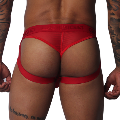 Evocative Red Jock Thong vista posterior de Gigo Underwear