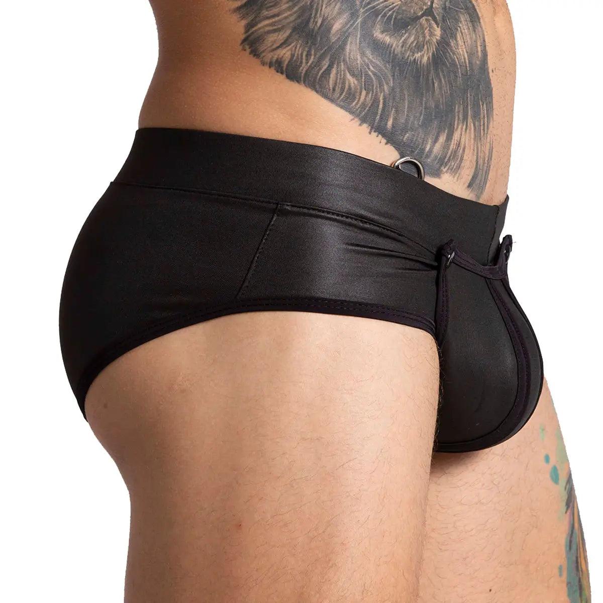 F FETISH BLACK BRIEF - Pantaloncillo de cuero negro sexy para hombres con cremallera trasera y copa frontal desmontable