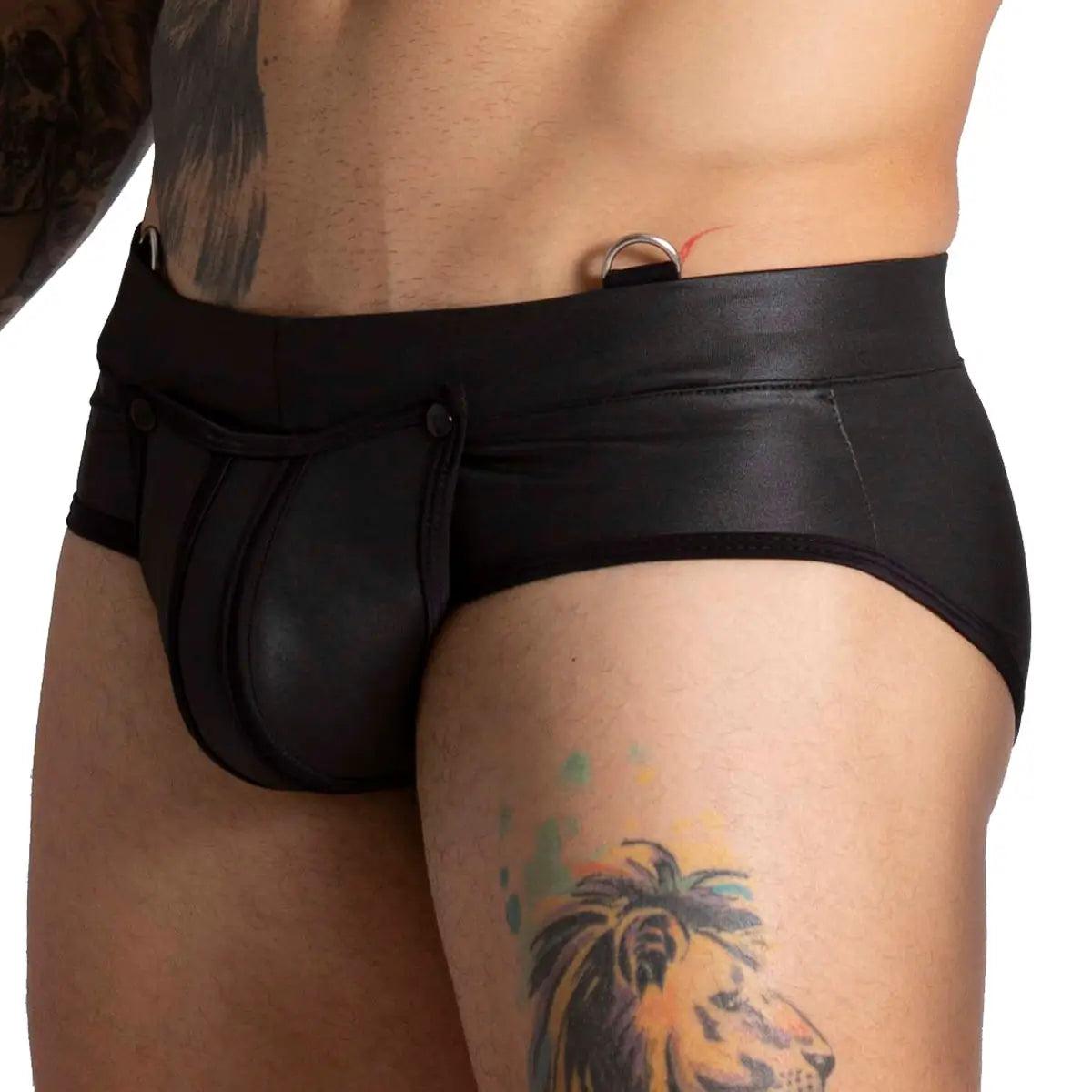 F FETISH BLACK BRIEF - Pantaloncillo de cuero negro sexy para hombres con cremallera trasera y copa frontal desmontable
