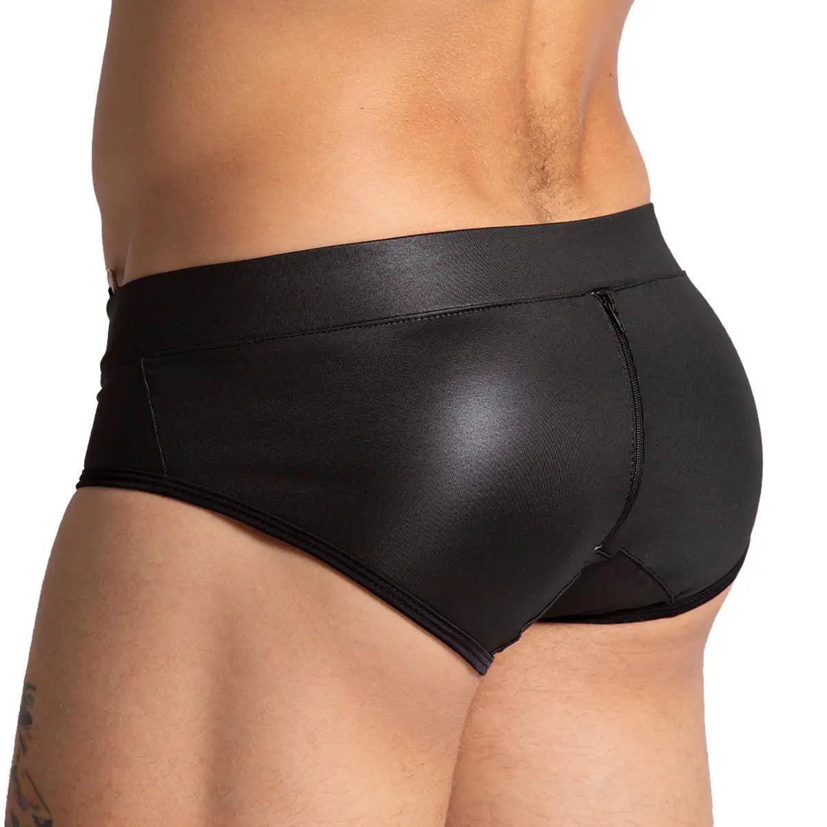 F FETISH BLACK BRIEF - Pantaloncillo de cuero negro sexy para hombres con cremallera trasera y copa frontal desmontable