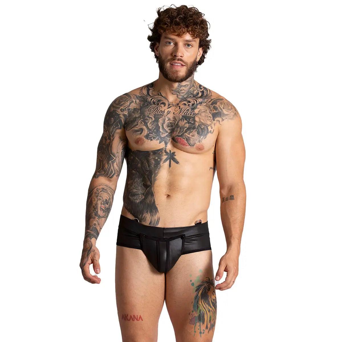F FETISH BLACK BRIEF - Pantaloncillo de cuero negro sexy para hombres con cremallera trasera y copa frontal desmontable