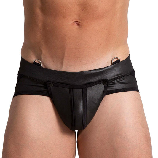 F FETISH BLACK JOCKSTRAP - Jockstrap tipo cuero negro sexy para hombres con copa frontal desmontable