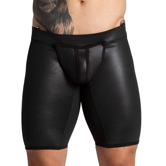 F FETISH BLACK TRUNK LONG - Ropa interior de cuero negra sexy para hombres. Boxer para hombres con cremallera trasera y copa frontal desmontable.