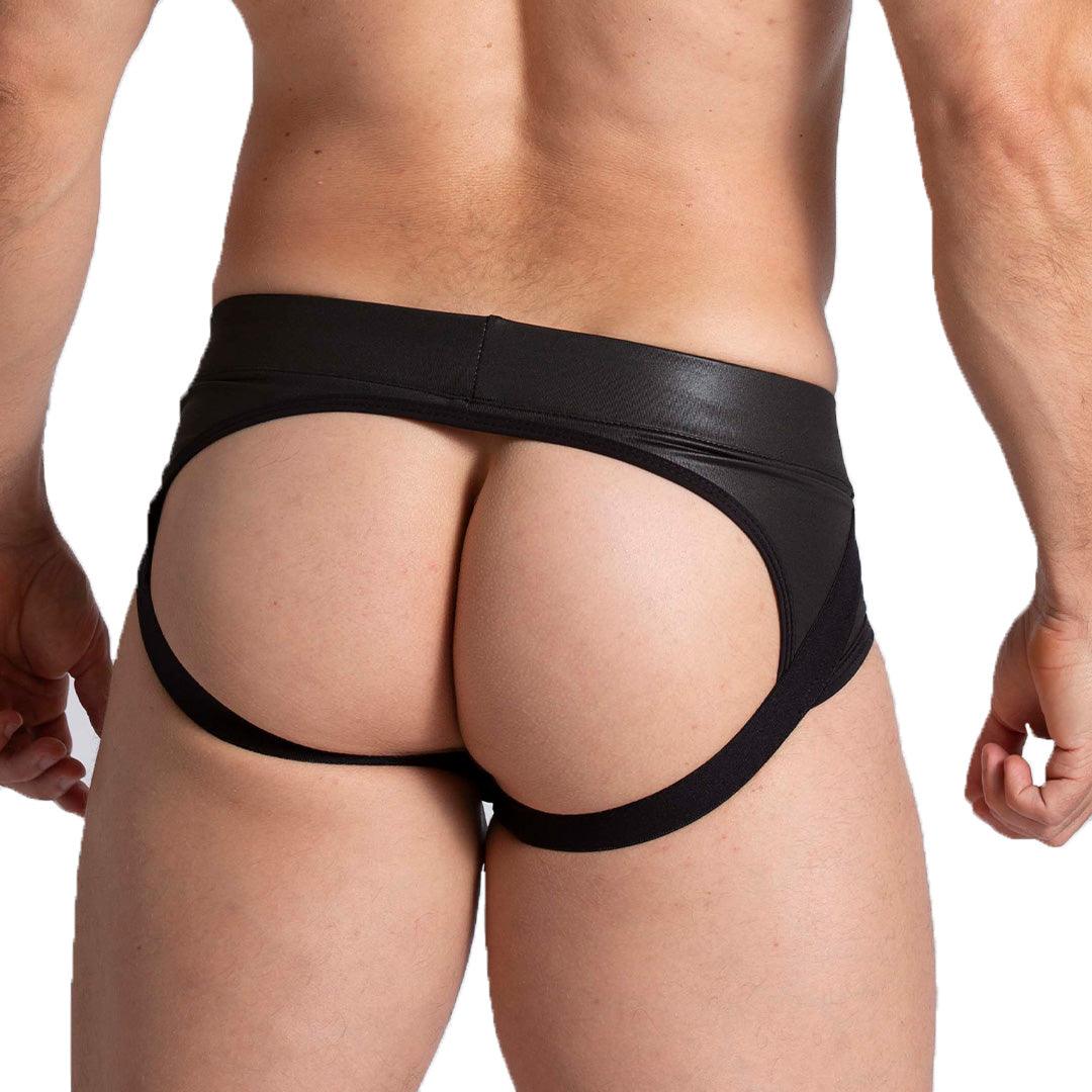F FETISH BLUE JOCKSTRAP - Jockstrap tipo cuero negro sexy para hombres con copa frontal desmontable
