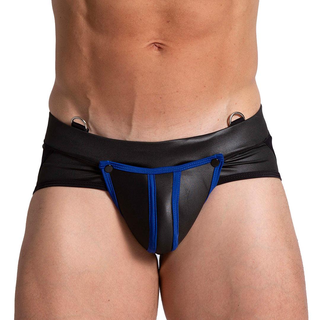 F FETISH BLUE JOCKSTRAP - Jockstrap tipo cuero negro sexy para hombres con copa frontal desmontable