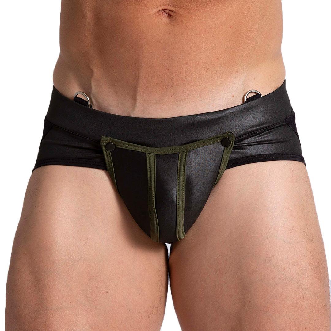 F FETISH GREEN JOCKSTRAP - Jockstrap tipo cuero negro sexy para hombres con copa frontal desmontable