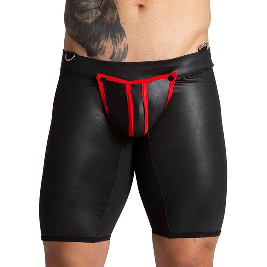 F FETISH RED TRUNK LONG - Ropa interior de cuero negra sexy para hombres. Boxer para hombres con cremallera trasera y copa frontal desmontable.