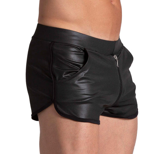 F FETISH SHORT - Pantaloneta corta de cuero negra sexy para hombres. Pantaloneta corta con cremallera de extremo a extremo