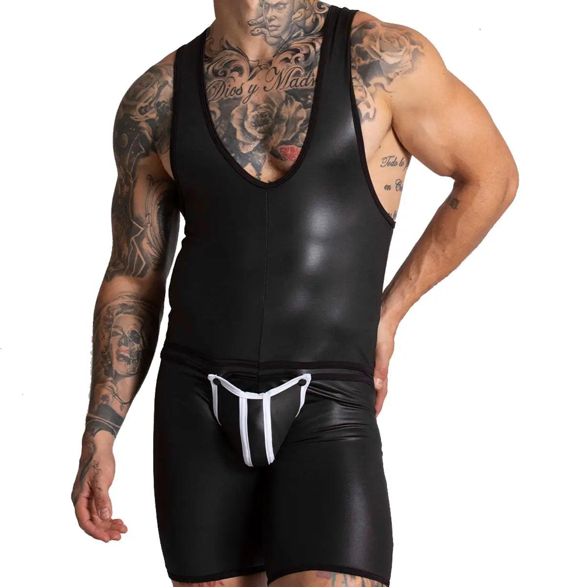 F FETISH WHITE BODY - Body de cuero sexy para hombre con cremallera trasera y copa frontal desmontable