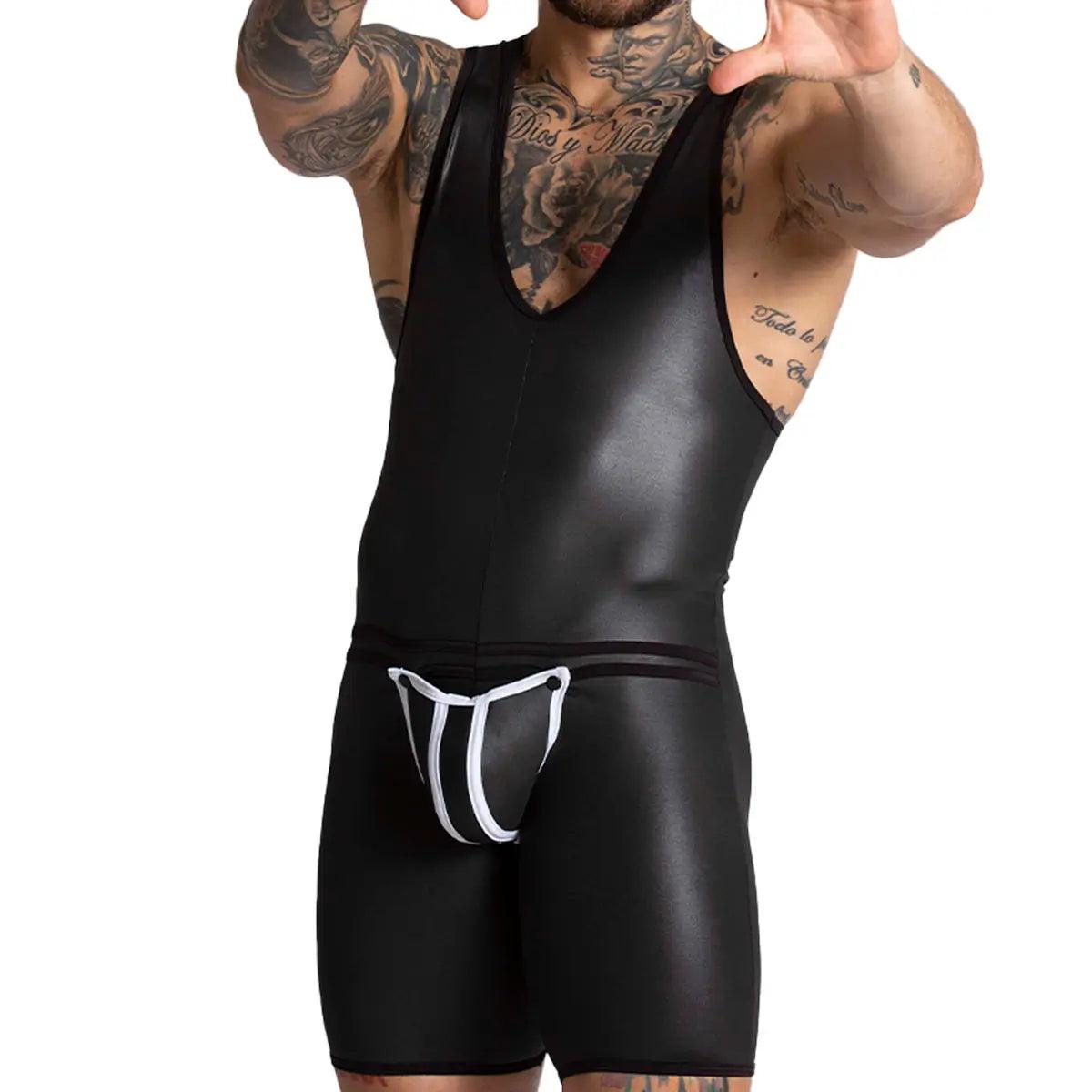 F FETISH WHITE BODY - Body de cuero sexy para hombre con cremallera trasera y copa frontal desmontable