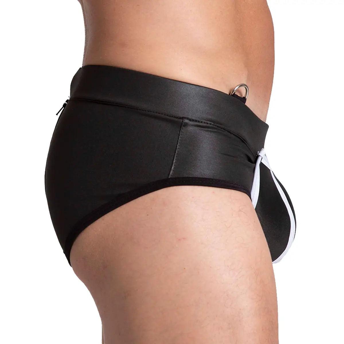 F FETISH WHITE BRIEF - Pantaloncillo de cuero negro sexy para hombres con cremallera trasera y copa frontal desmontable