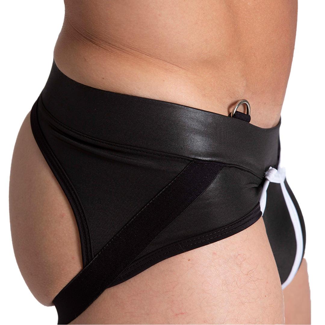 F FETISH WHITE JOCKSTRAP - Jockstrap tipo cuero negro sexy para hombres con copa frontal desmontable