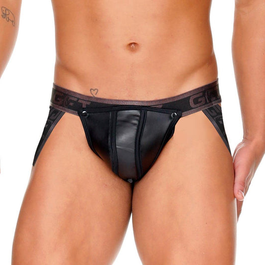 FETISH BLACK JOCKSTRAP - Jockstrap tipo cuero negro sexy para hombres con copa frontal desmontable