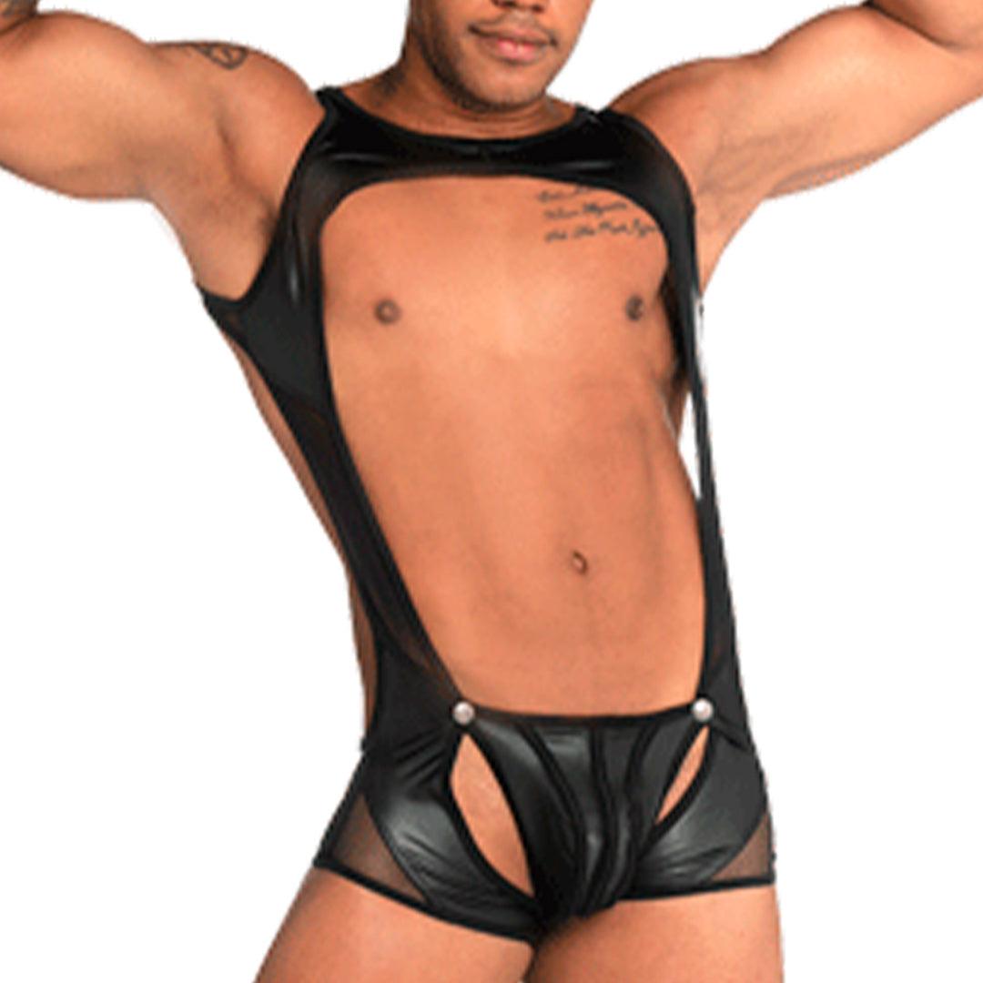 FETICHE BLACK SINGLET - Body de una pieza sexy para hombres hecho de tela similar al cuero, con copa frontal desmontable.