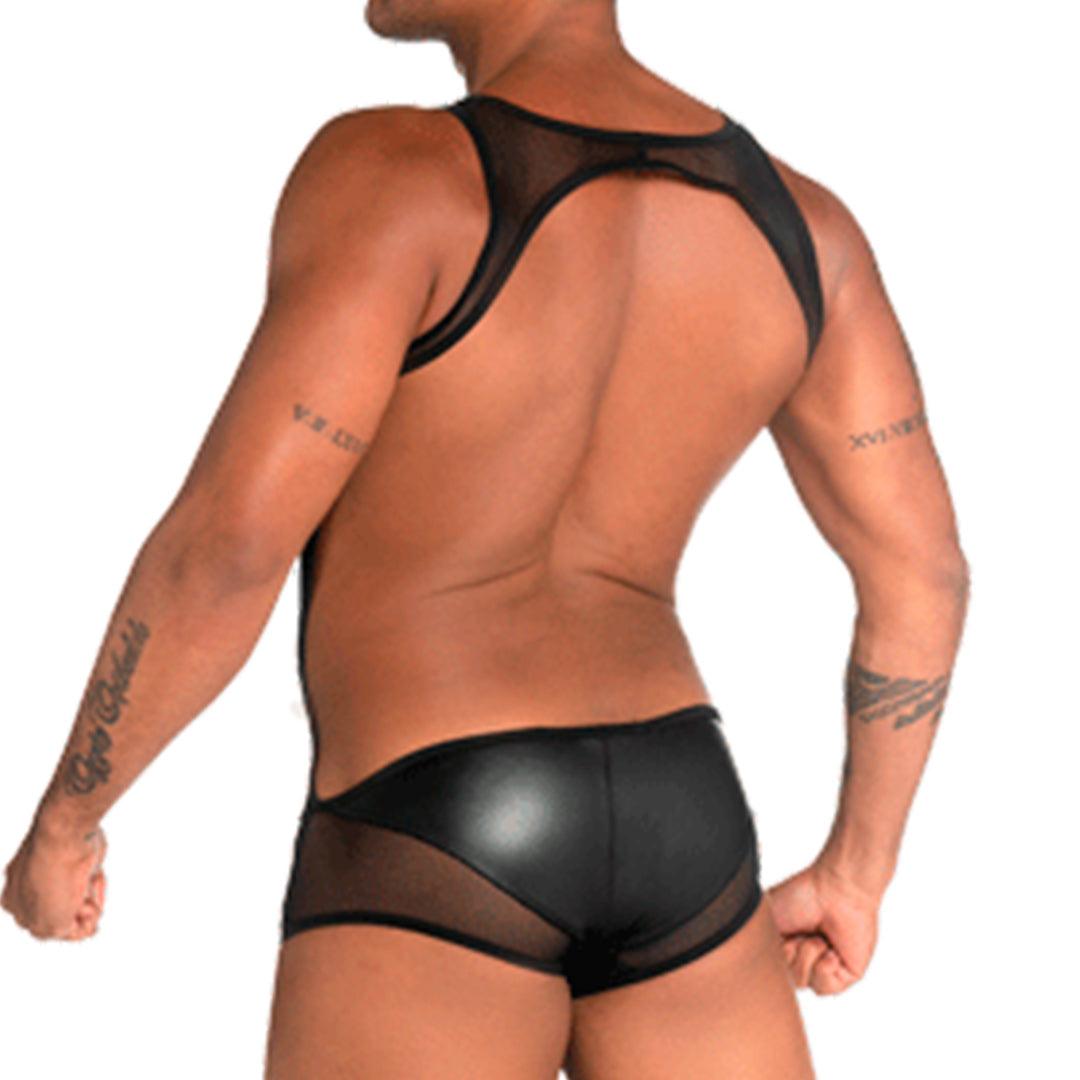 FETICHE BLACK SINGLET - Body de una pieza sexy para hombres hecho de tela similar al cuero, con copa frontal desmontable.