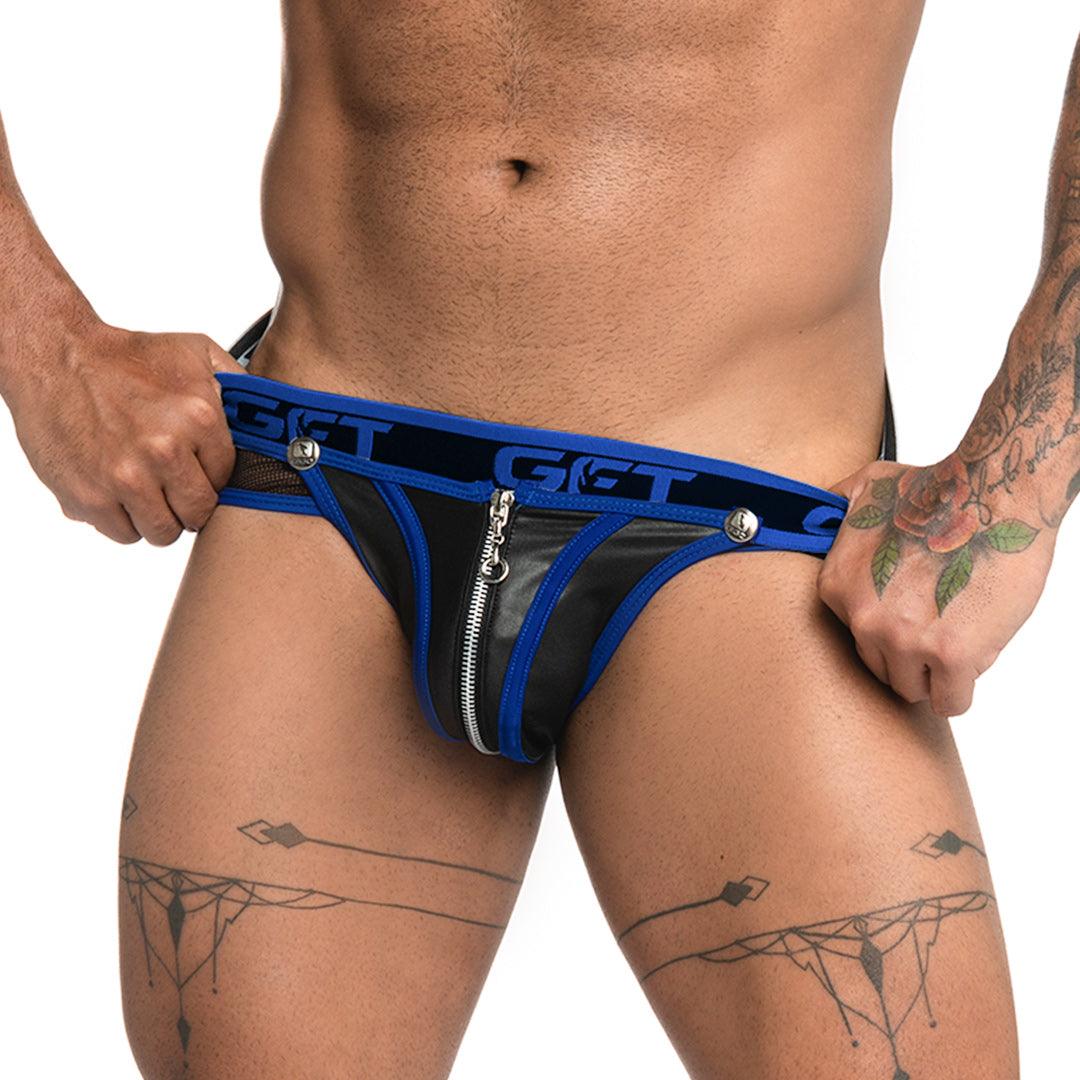 FETICHE BLUE ZIPPER BRIEF JOCKSTRAP - Jockstrap tipo cuero negro sexy para hombres con copa frontal desmontable con cierre