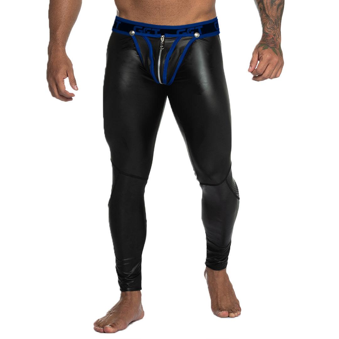 FETICHE BLUE ZIPPER LEGGINS - Leggings sexy para hombres con cremallera trasera, hechos de tela similar al cuero, con copa frontal desmontable y cremallera
