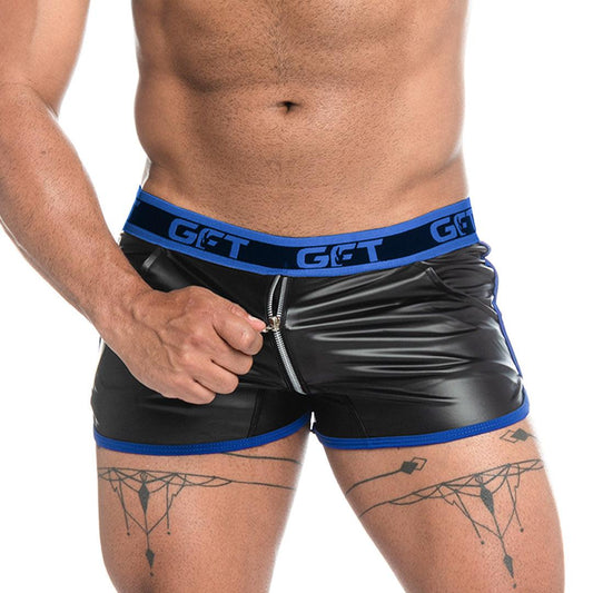 FETICHE BLUE ZIPPER SHORT - Pantaloneta corta de cuero negra sexy para hombres. Pantaloneta corta con cremallera de extremo a extremo