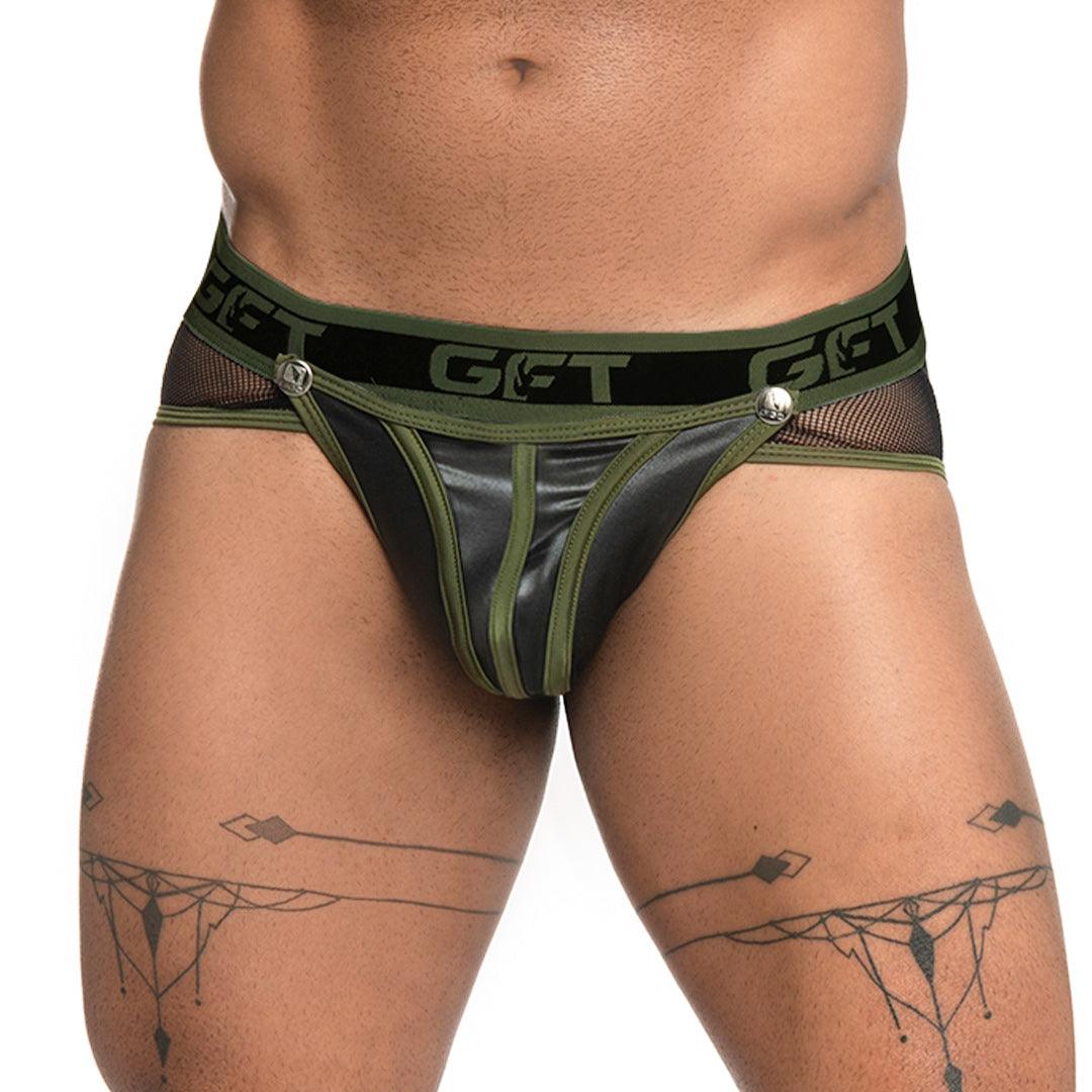FETICHE GREEN BRIEF JOCKSTRAP - Jockstrap tipo cuero negro sexy para hombres con copa frontal desmontable