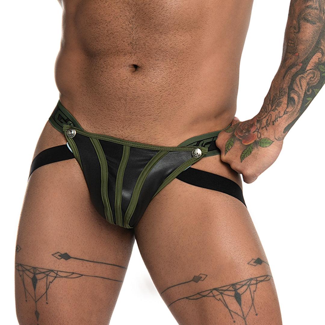 FETICHE GREEN JOCKSTRAP - Jockstrap tipo cuero negro sexy para hombres con copa frontal desmontable