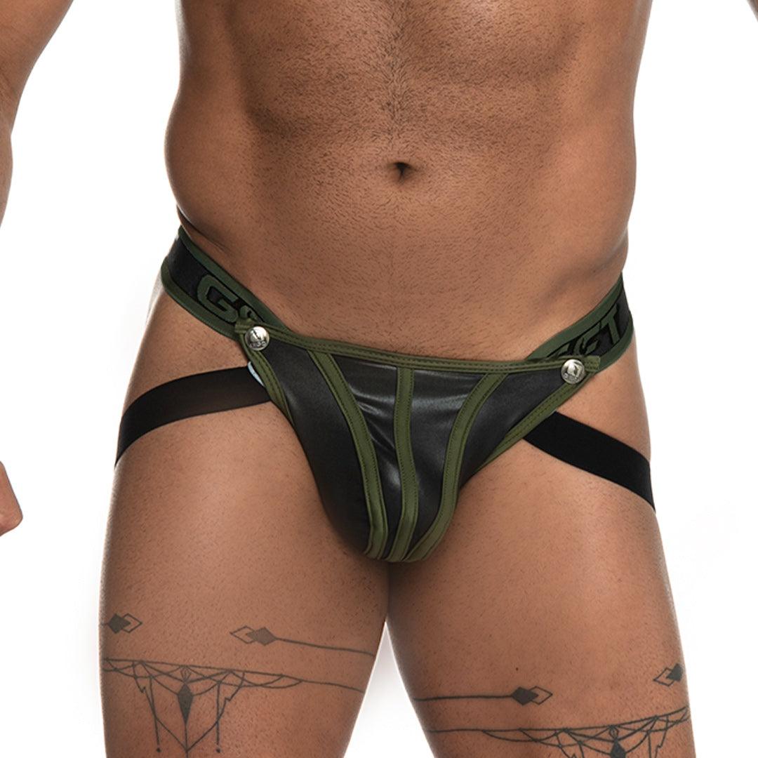 FETICHE GREEN JOCKSTRAP - Jockstrap tipo cuero negro sexy para hombres con copa frontal desmontable