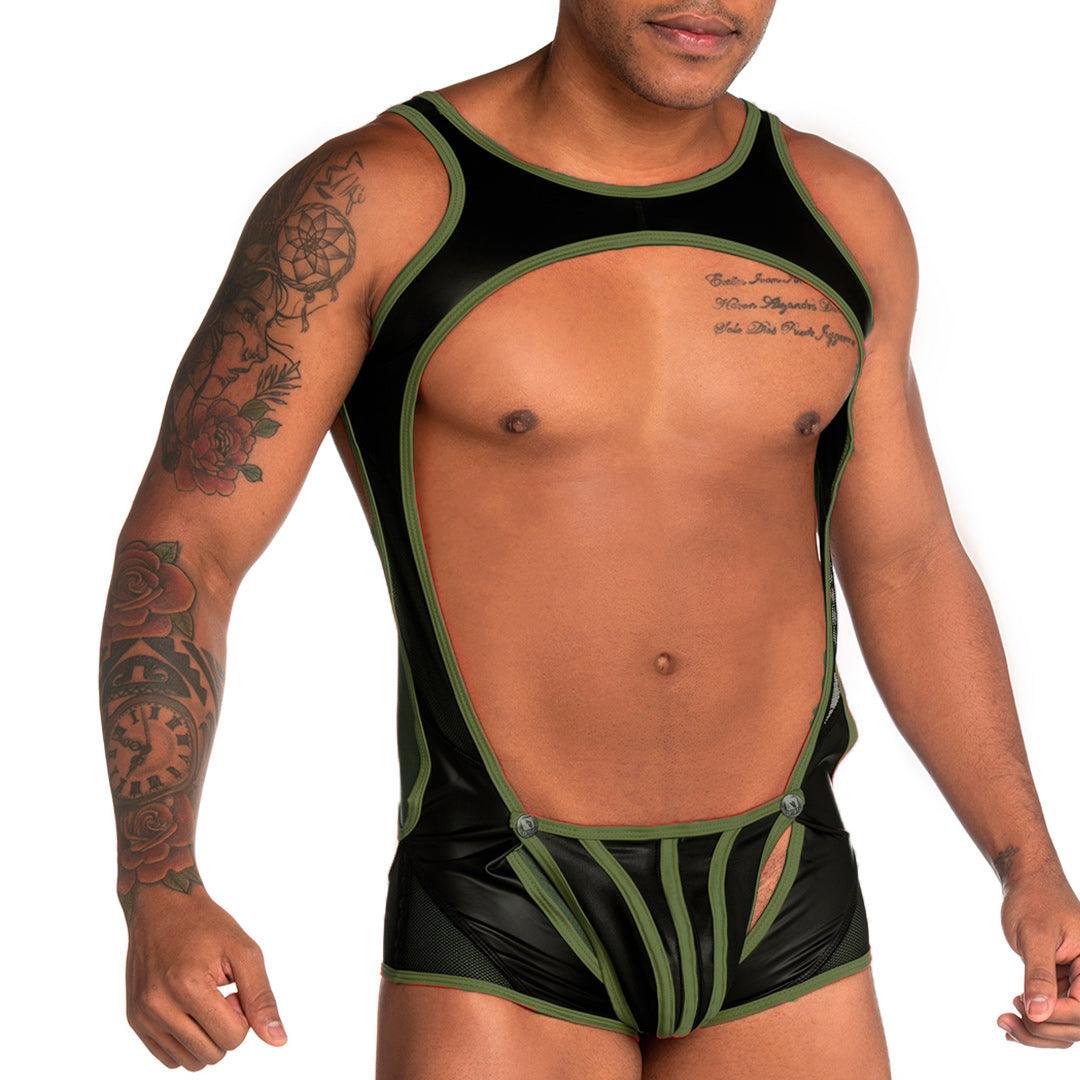 FETICHE GREEN SINGLET - Body de una pieza sexy para hombres hecho de tela similar al cuero, con copa frontal desmontable.