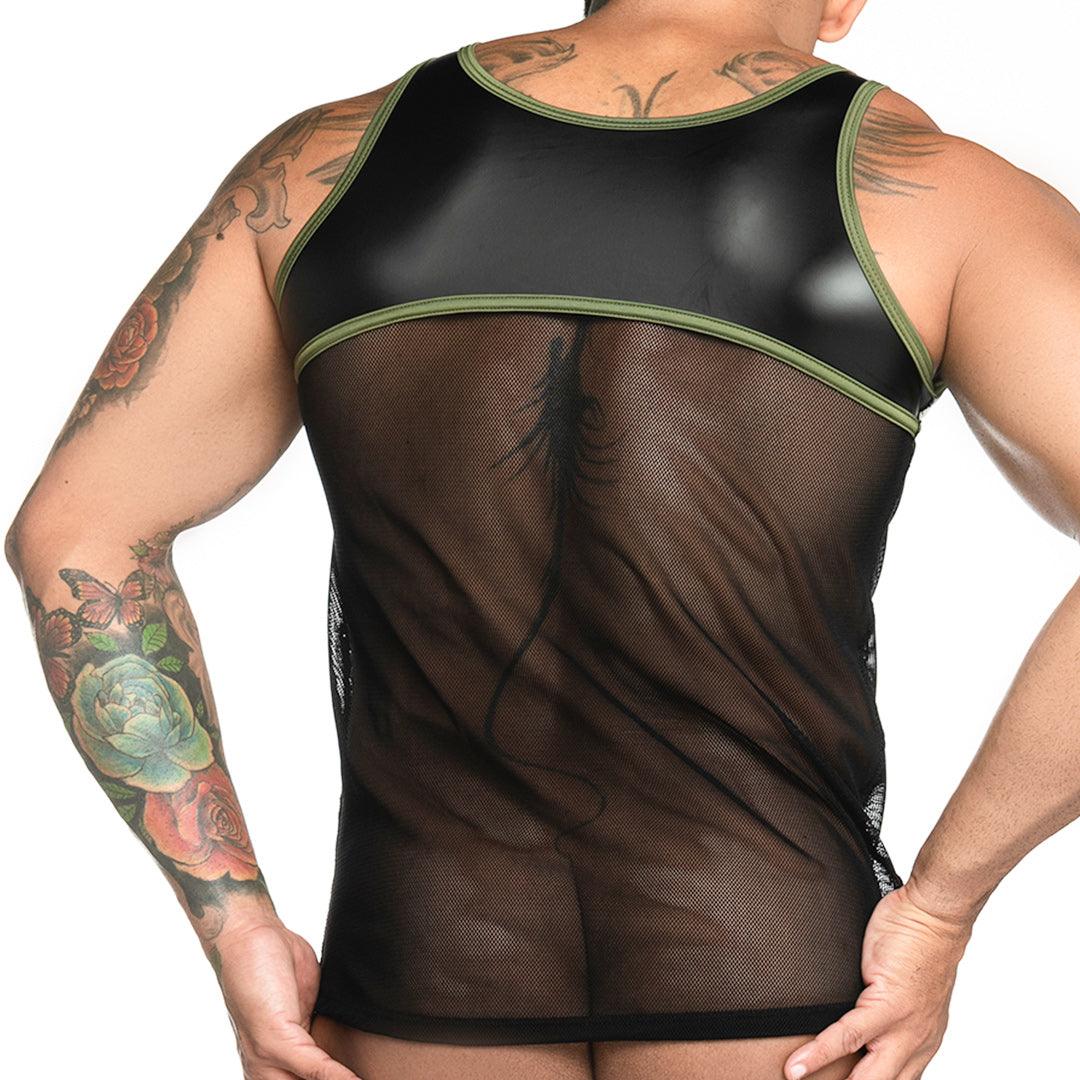 FETICHE GREEN TANK - Camiseta negra de malla sexy para hombres, camiseta sin mangas