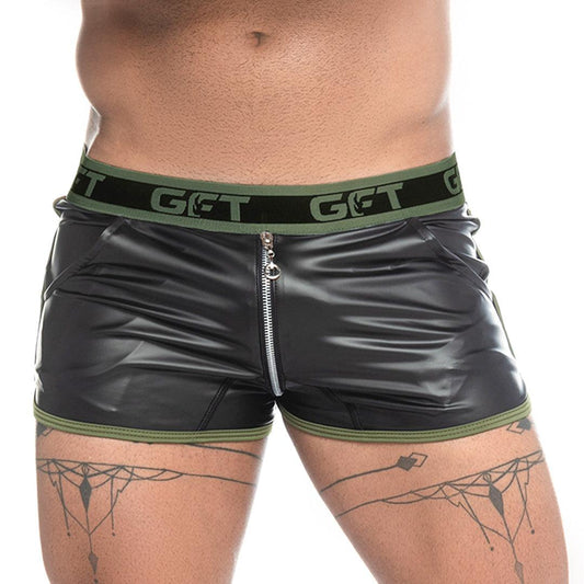 FETICHE GREEN ZIPPER SHORT - Pantaloneta corta de cuero negra sexy para hombres. Pantaloneta corta con cremallera de extremo a extremo