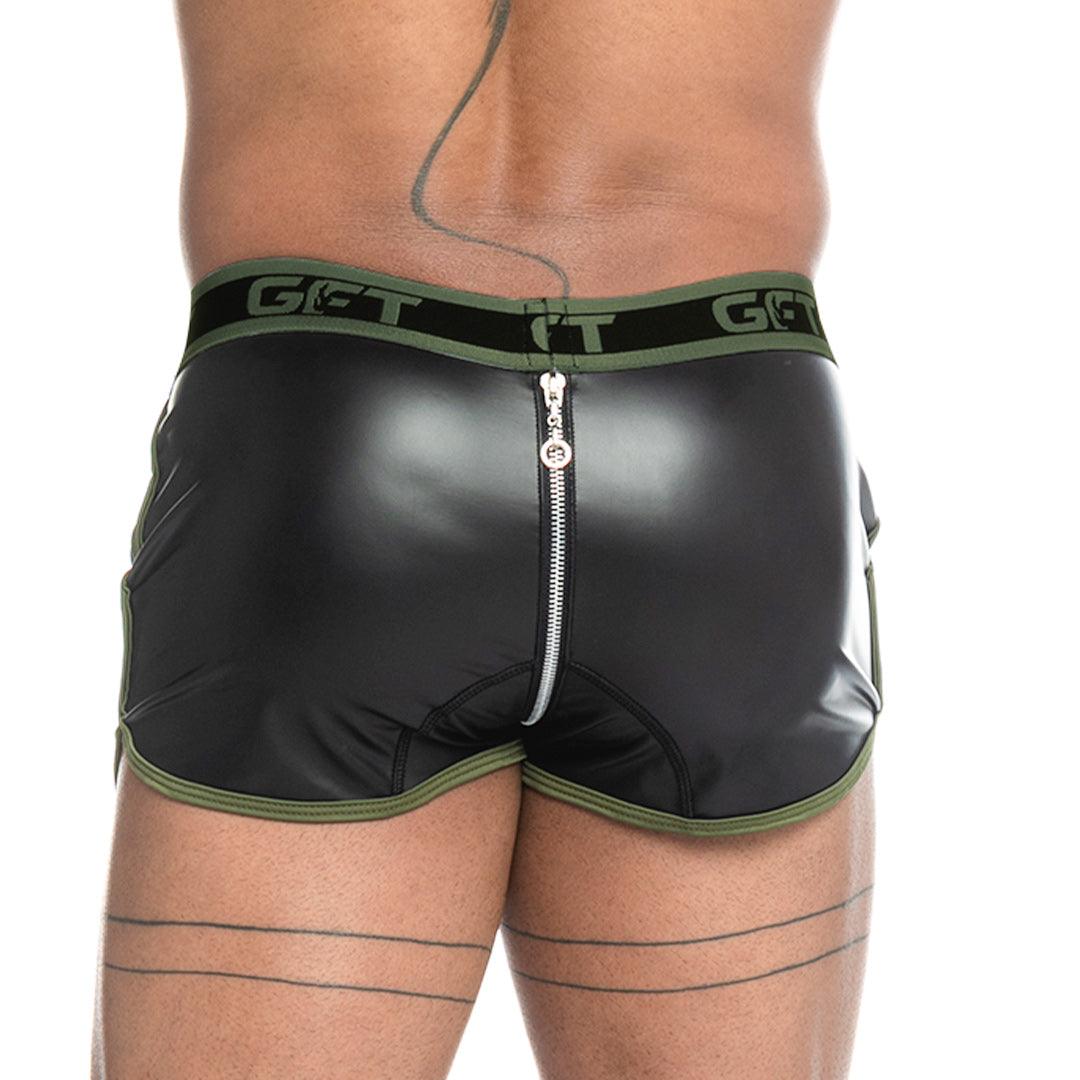 FETICHE GREEN ZIPPER SHORT - Pantaloneta corta de cuero negra sexy para hombres. Pantaloneta corta con cremallera de extremo a extremo