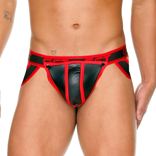 FETISH RED JOCKSTRAP - Jockstrap tipo cuero negro sexy para hombres con copa frontal desmontable
