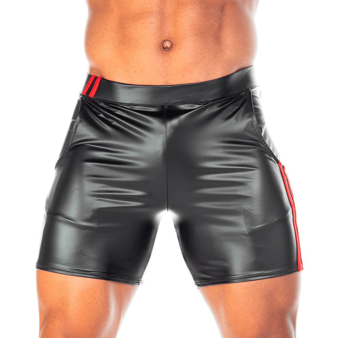 2 FETICHE RED SHORT - Pantaloneta corta de cuero negro para hombres
