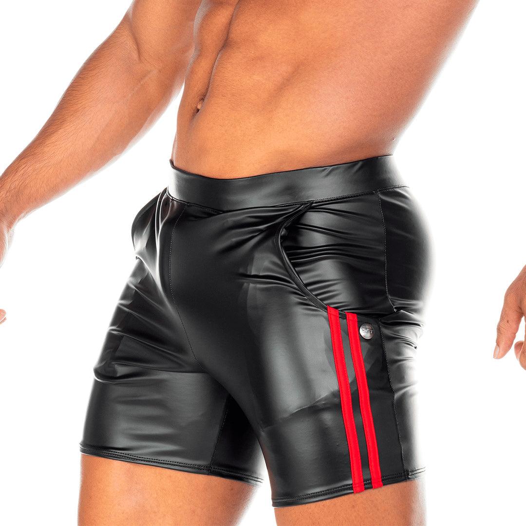 2 FETICHE RED SHORT - Pantaloneta corta de cuero negro para hombres