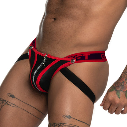 Fetiche Red Zipper Jockstrap vista frontal de Gigo Underwear