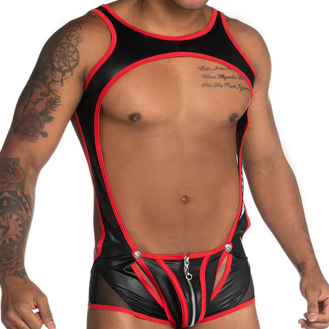 FETICHE RED ZIPPER SINGLET - Body de una pieza sexy para hombres con cremallera trasera, hecho de tela similar al cuero y copa desmontable con cremallera frontal.