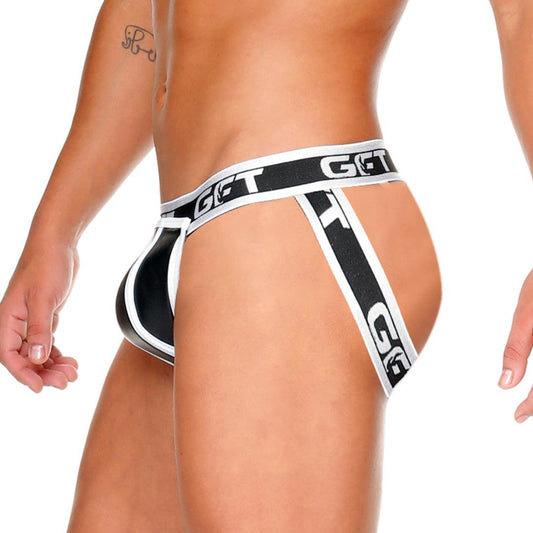 FETISH WHITE JOCKSTRAP - Jockstrap tipo cuero negro sexy para hombres con copa frontal desmontable