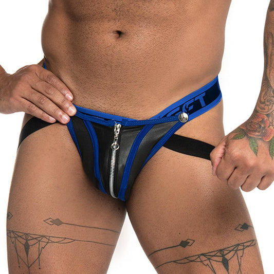 FETICHE BLUE ZIPPER JOCKSTRAP - Jockstrap tipo cuero negro sexy para hombres con copa frontal desmontable con cierre