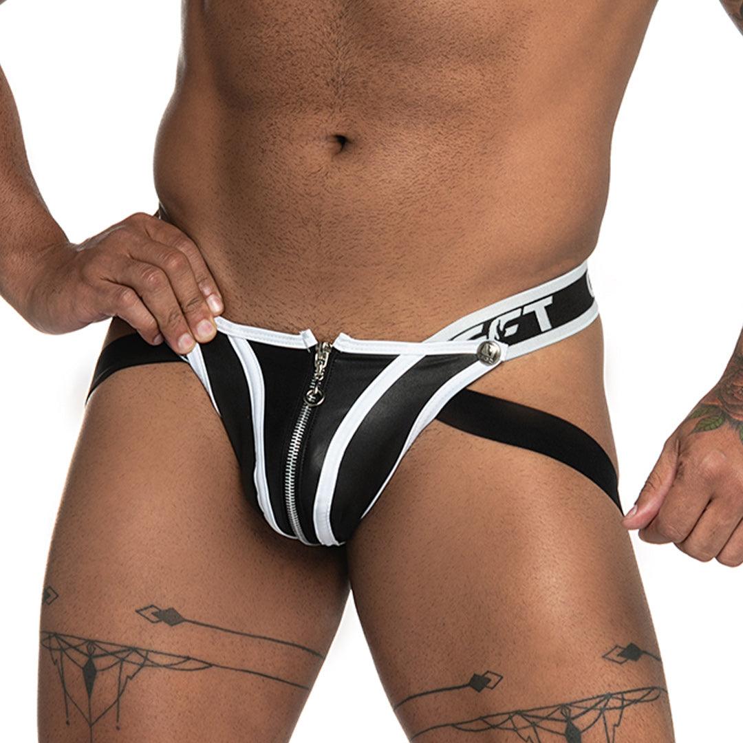 FETICHE WHITE ZIPPER JOCKSTRAP - Jockstrap tipo cuero negro sexy para hombres con copa frontal desmontable con cierre