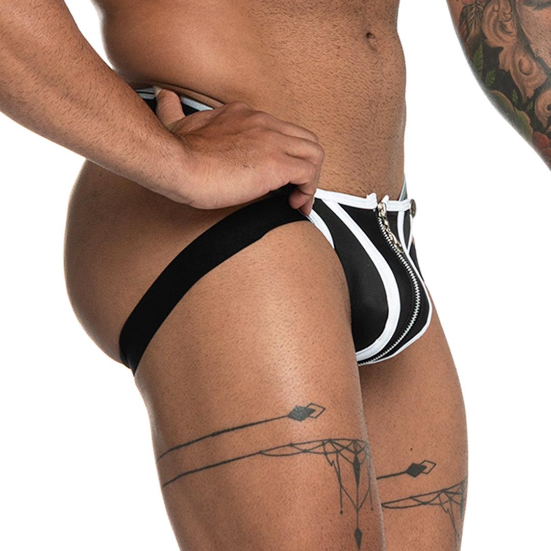 FETICHE WHITE ZIPPER JOCKSTRAP - Jockstrap tipo cuero negro sexy para hombres con copa frontal desmontable con cierre
