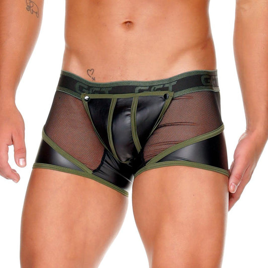 FETISH GREEN TRUNK - Boxer corto de cuero negro sexy para hombres