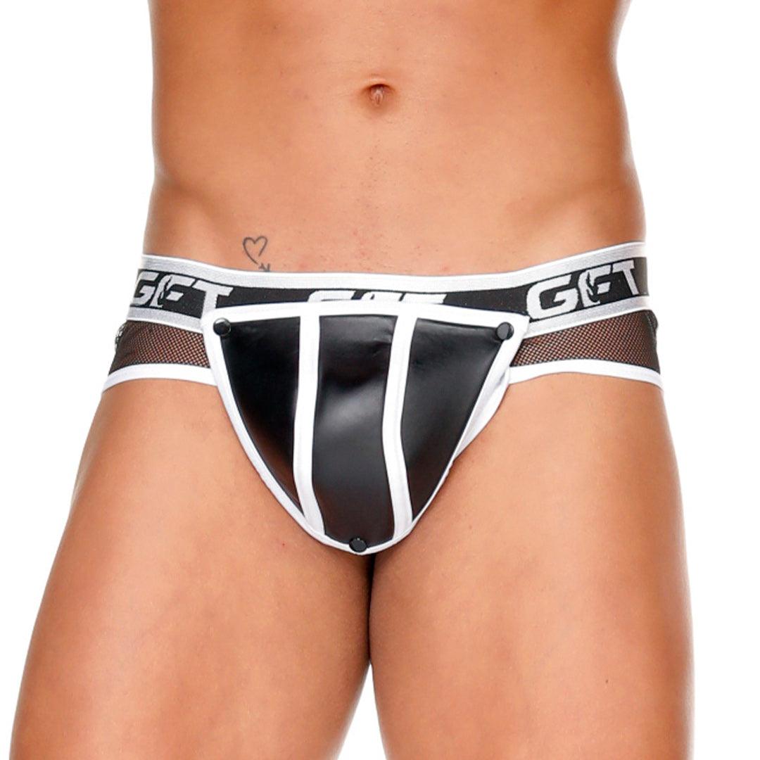 FETISH WHITE BRIEF - Pantaloncillo de cuero negro sexy para hombres. Pantaloncillo para hombres con copa desmontable