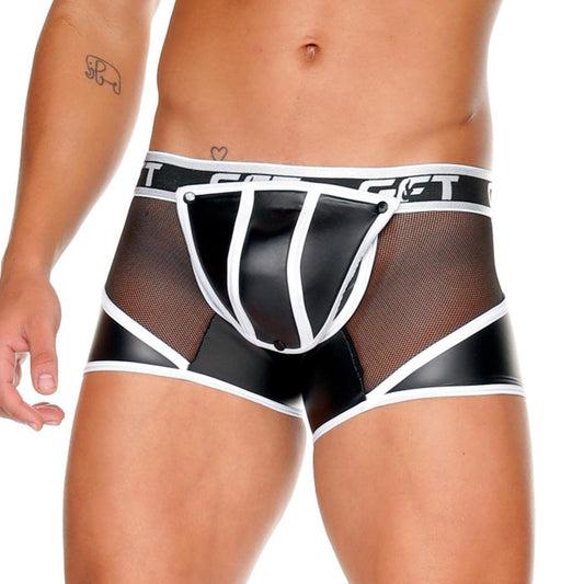 FETISH WHITE TRUNK - Boxer corto de cuero negro sexy para hombres