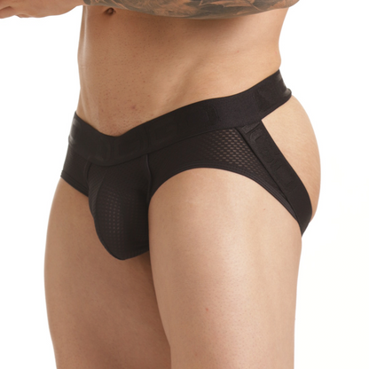 Insuperable Black Brief Jockstrap vista frontal de Gigo Underwear