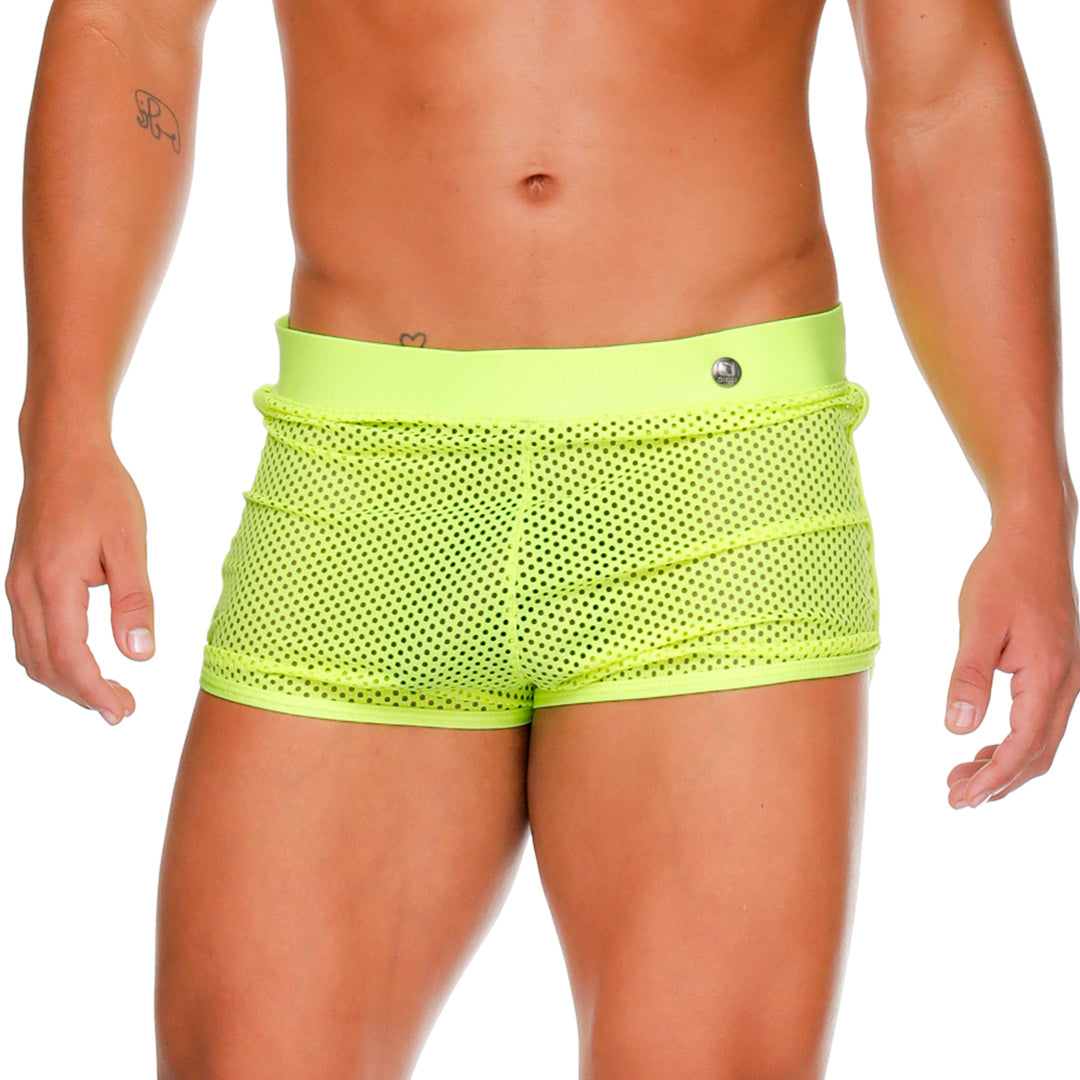 MOROCCO YELLOW HOTSHORT - Pantaloneta corta, shorts de malla amarilla fluorescente sexy para hombres