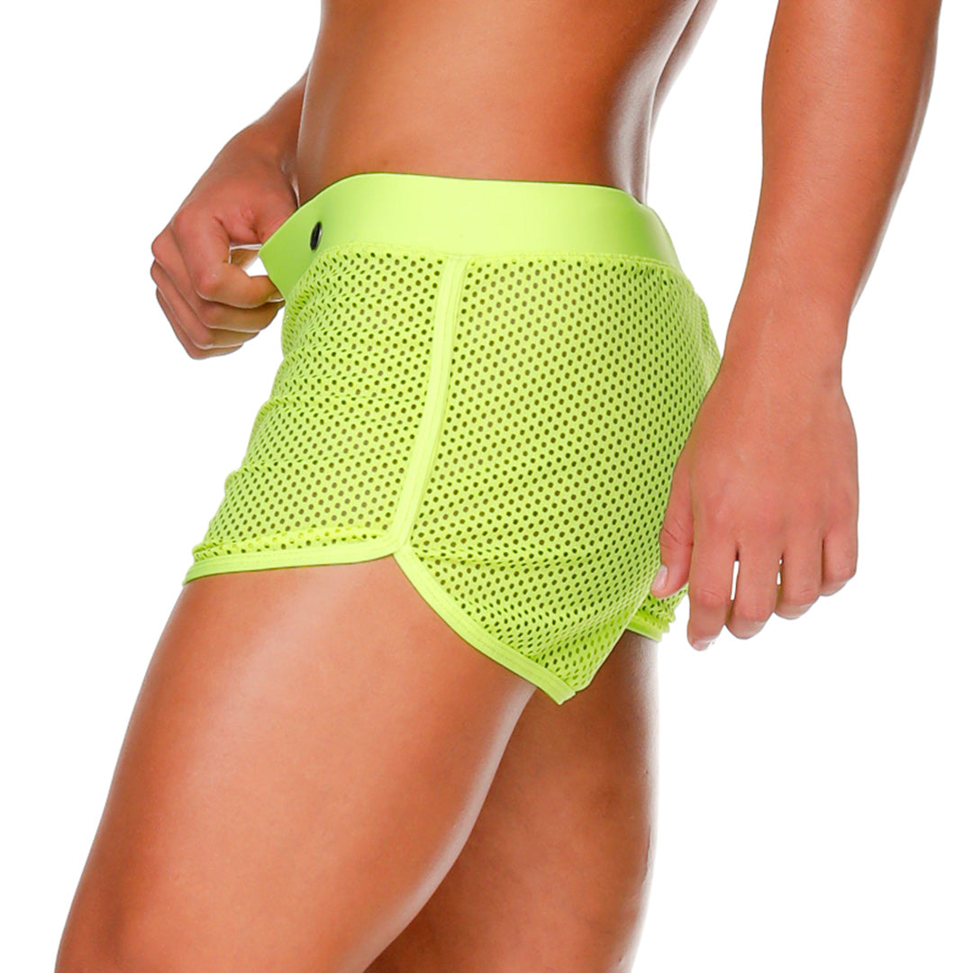 MOROCCO YELLOW HOTSHORT - Pantaloneta corta, shorts de malla amarilla fluorescente sexy para hombres