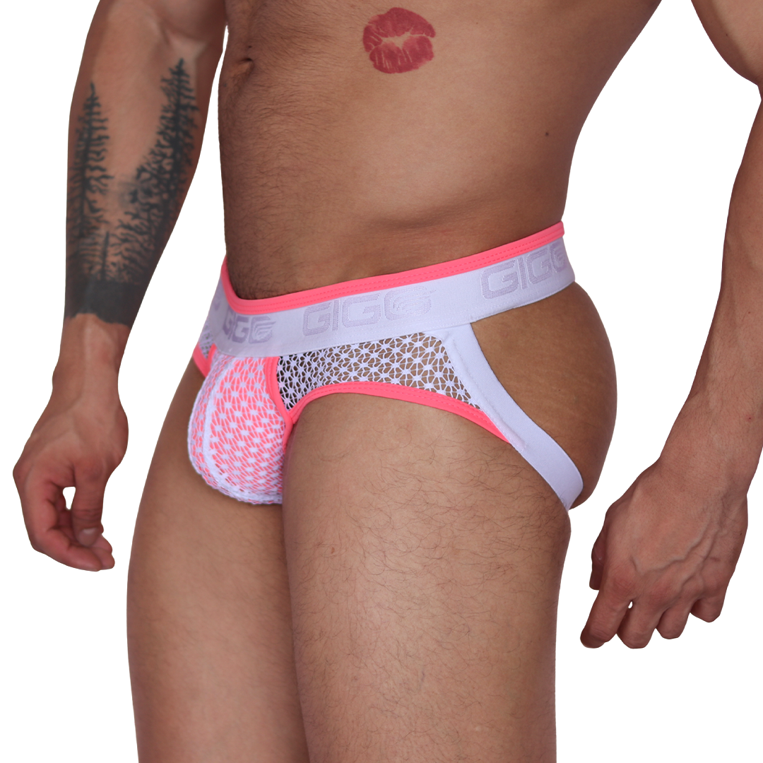 Net Fuchsia Jock Thong vista frontal de Gigo Underwear