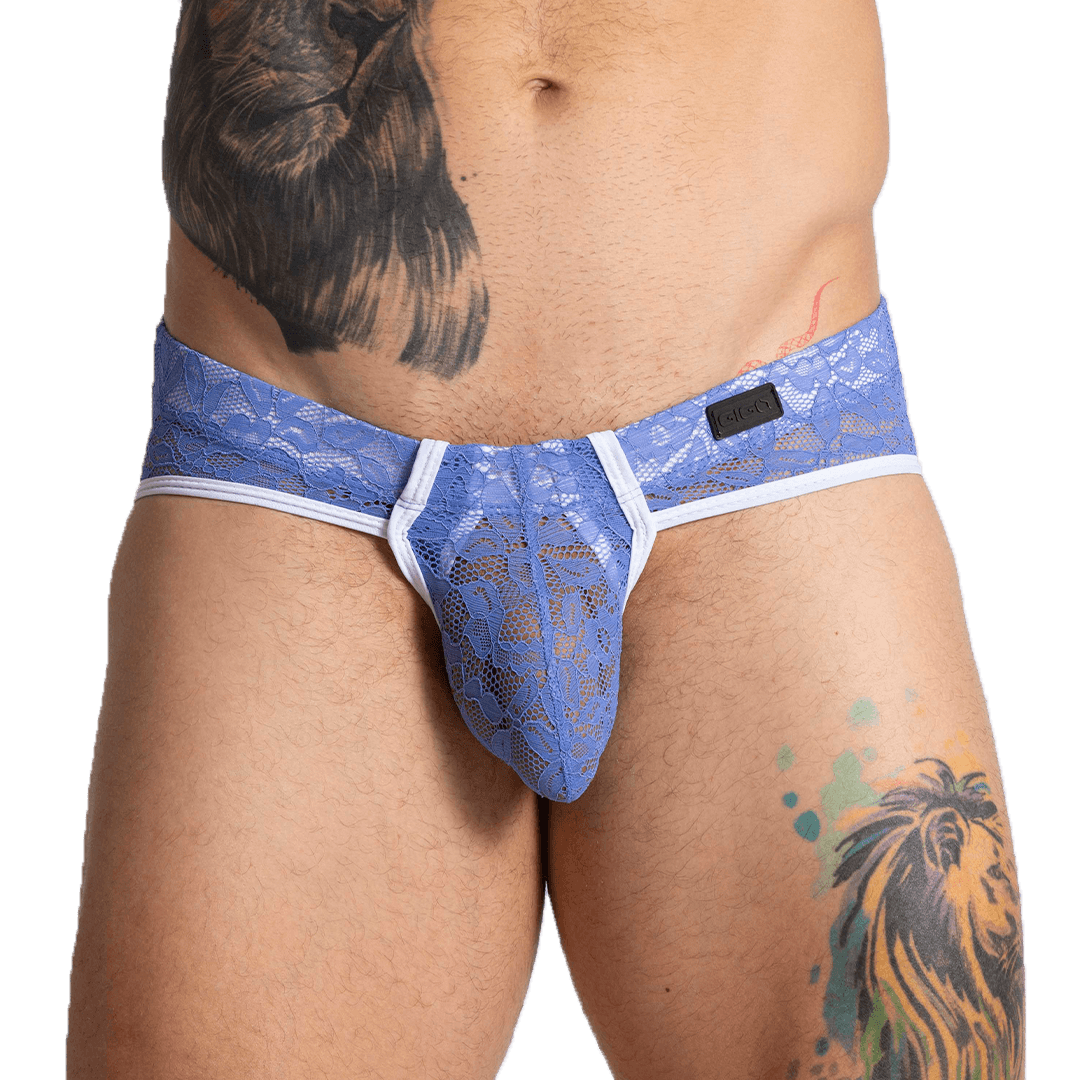 PARADISE BLUE BRIEF - Pantaloncillo de encaje azul para hombres con copa que permite realce